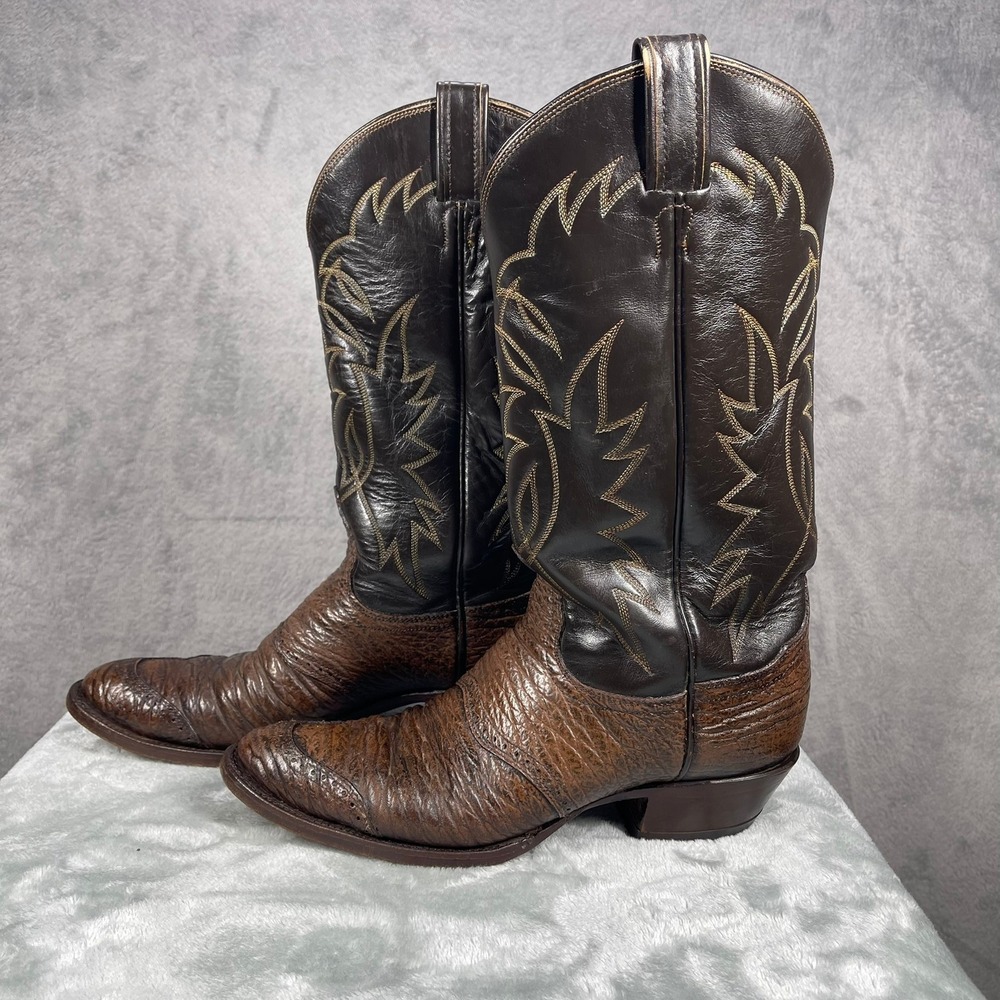 Vintage Tony Lama 2458 Mens 9 B Exotic Leather Cowboy Boots Brown Western